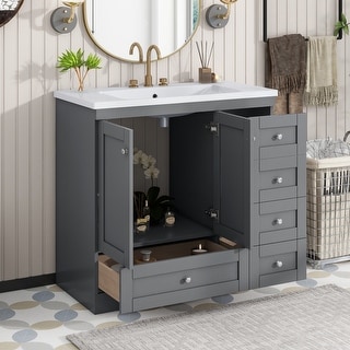 Modern 36" Grey Free-Standing Bathroom Vanity Cabinet with Sink,4 Soft ...